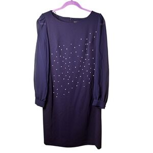 Karl Lagerfeld Paris Womens Navy Blue Pearl‎ Embellished Sheer Sleeve Dress 10